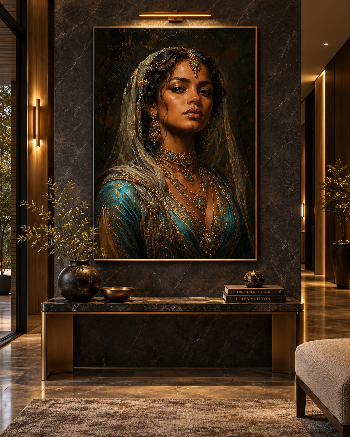 Retrato de mujer oriental en lienzo azul y oro sobre pared de mármol oscuro en un recibidor con consola negra y dorada