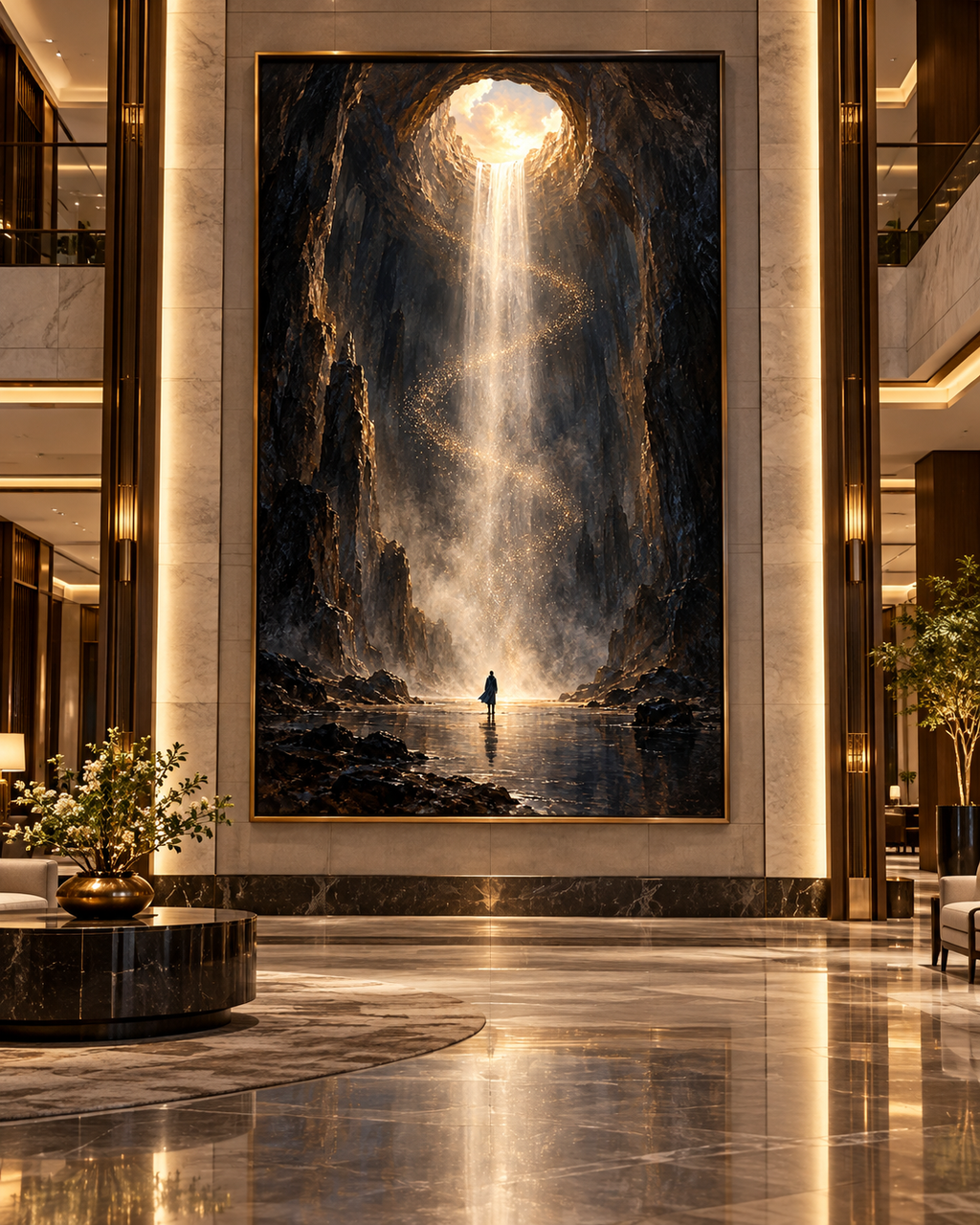 Lienzo místico de cascada de luz en una cueva con figura solitaria, en el gran vestíbulo de mármol de un edificio