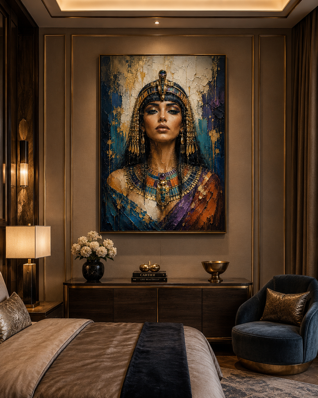 Lienzo impreso de Cleopatra en despacho oscuro con silla de cuero negro