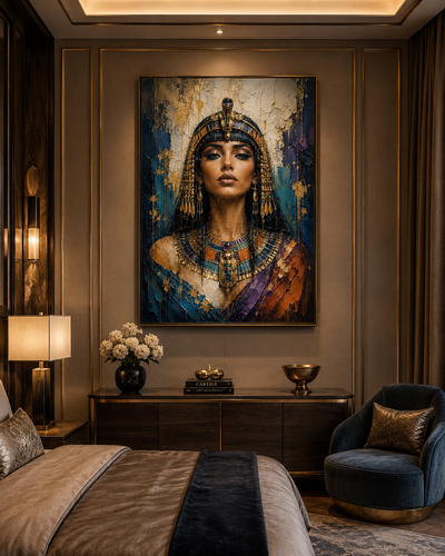 Lienzo impreso de Cleopatra en despacho oscuro con silla de cuero negro