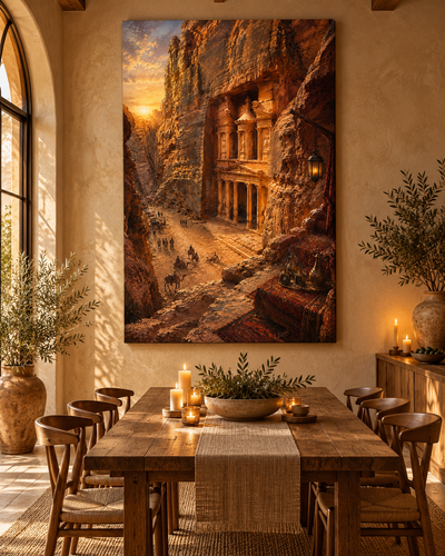 Lienzo de El Tesoro de Petra iluminado por el sol en un comedor rústico con mesa larga de madera y velas