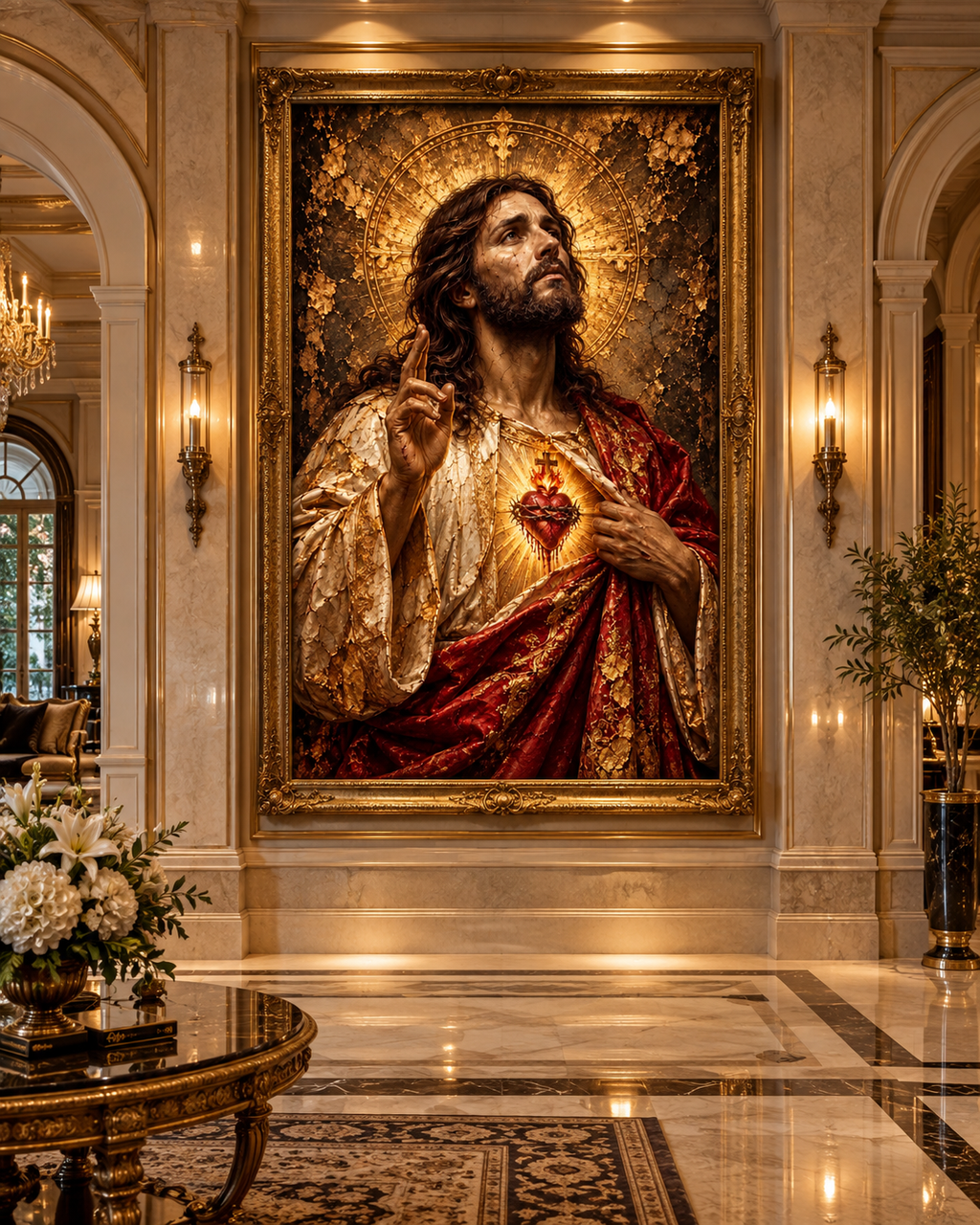 Jesucristo Sagrado Corazón | Lienzo Religioso con Pan de Oro