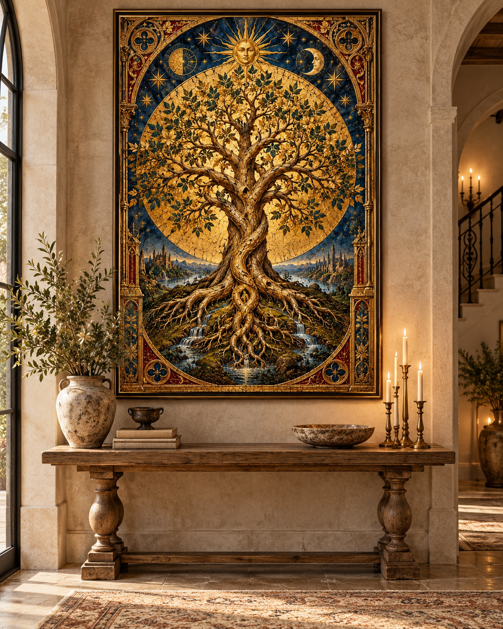 Lienzo del Árbol de la Vida con efecto pan de oro sobre una consola de madera tallada con olivo y velas