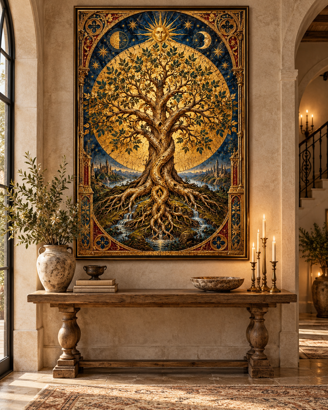 Lienzo del Árbol de la Vida con efecto pan de oro sobre una consola de madera tallada con olivo y velas