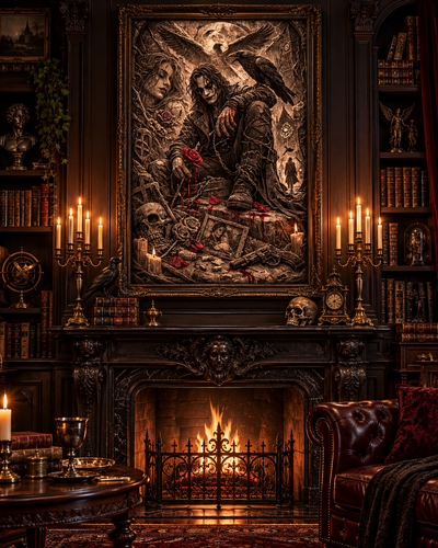 Lienzo El Cuervo en relieve sobre una chimenea encendida con candelabros, calaveras y estanterías de libros