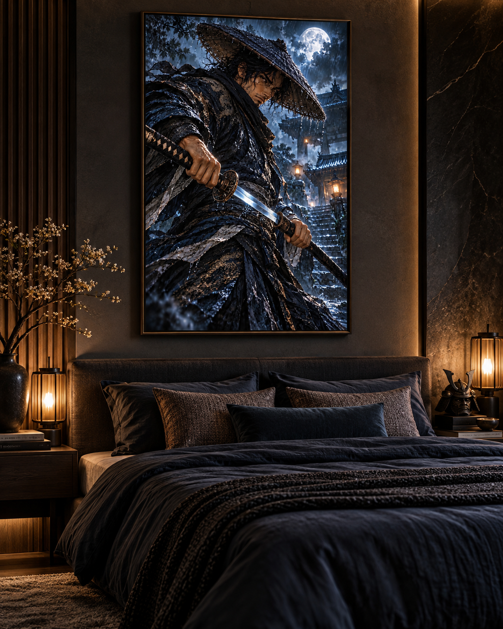 Lienzo Ronin bajo la Lluvia, samurái con katana impreso en algodón premium (vista 7 de 11)