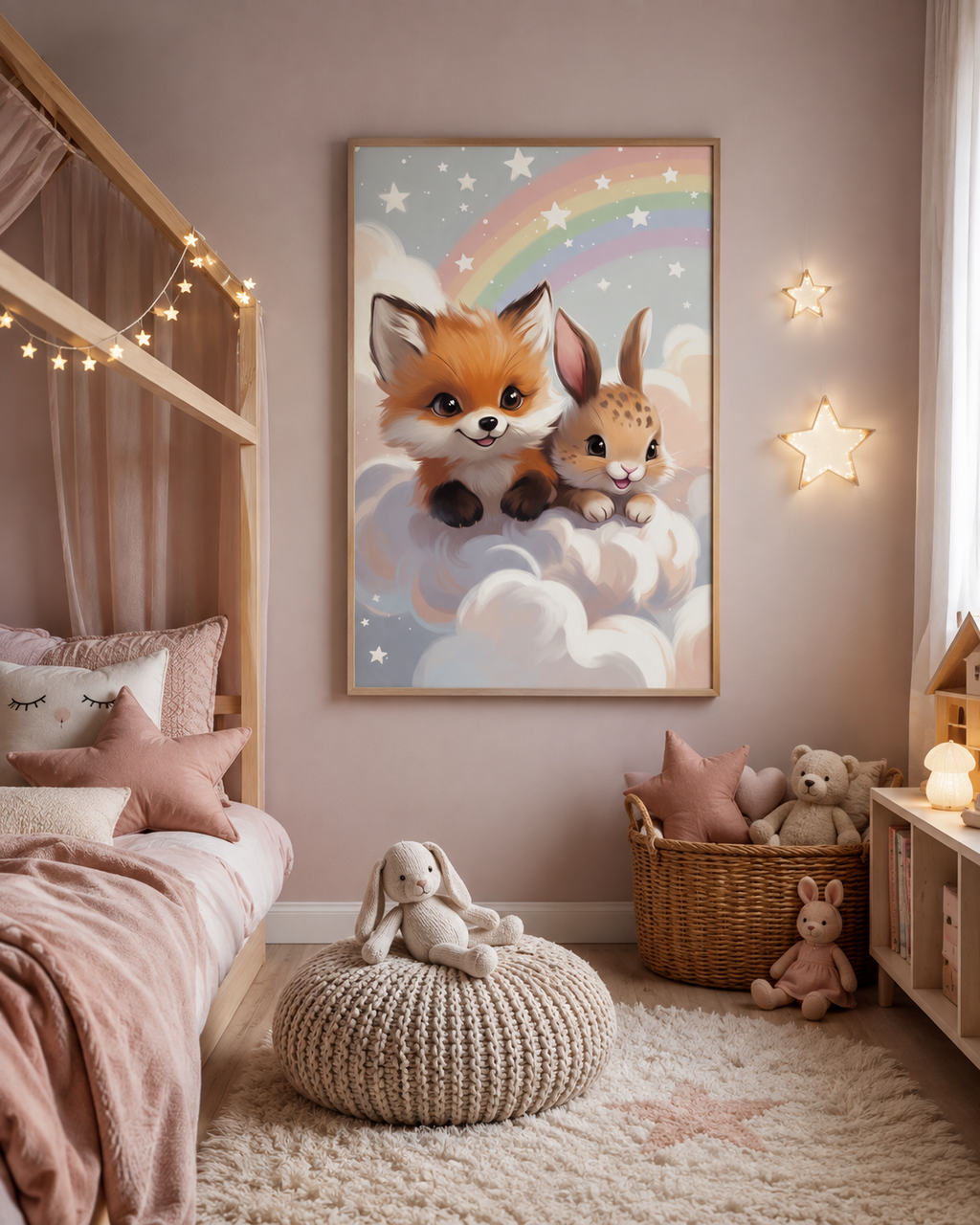 Lienzo infantil impreso en tonos rosas para habitación infantil