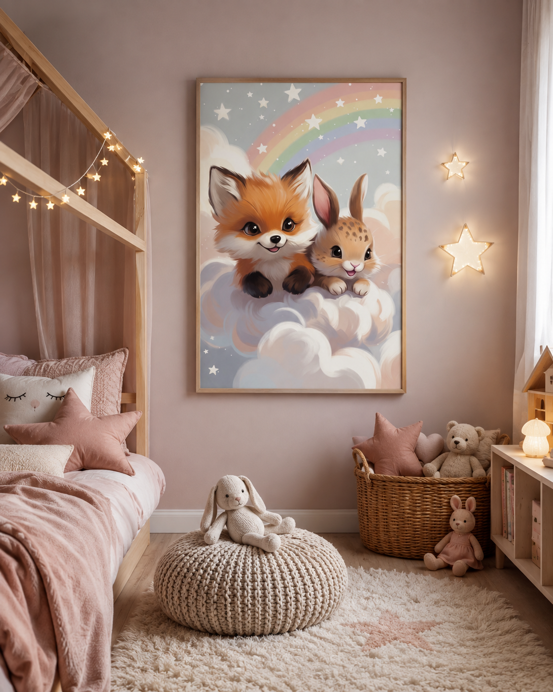 Lienzo infantil impreso en tonos rosas para habitación infantil