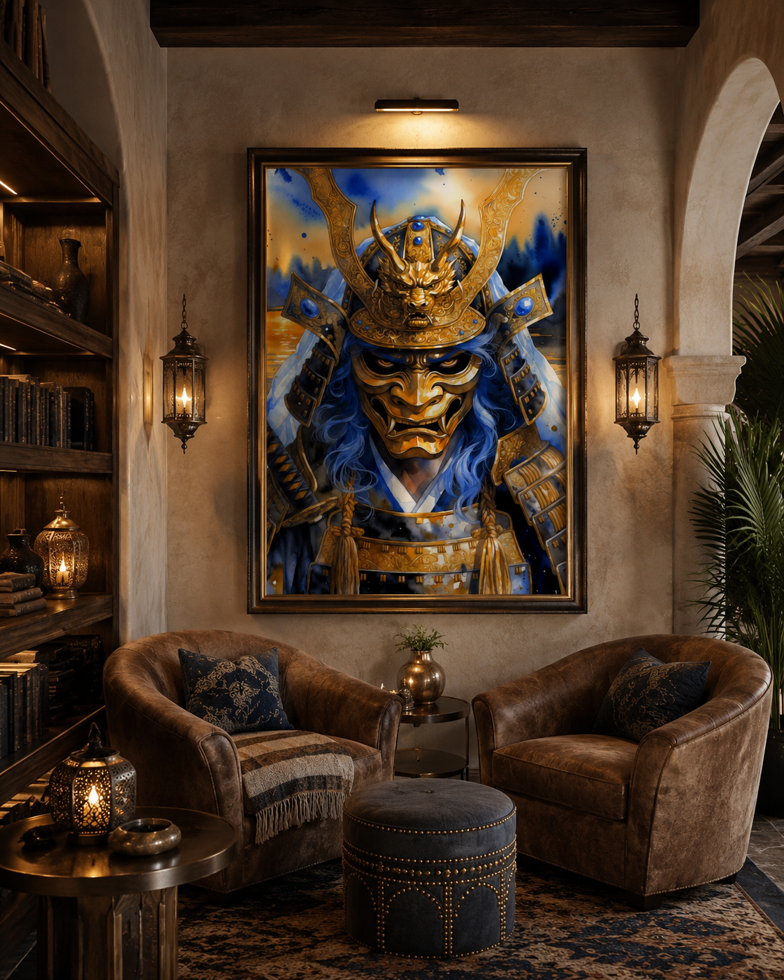 Samurái con dragón celestial | arte de pared dorado
