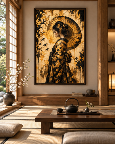 Lienzo japonés de geisha en dorado y negro en una sala de estilo zen con mesa baja de madera, tetera y cojines
