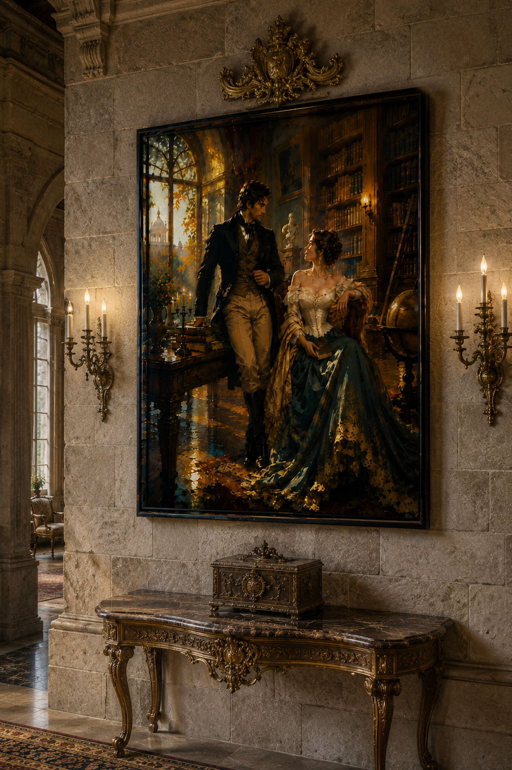Lienzo de pareja victoriana en biblioteca en un comedor oscuro y elegante