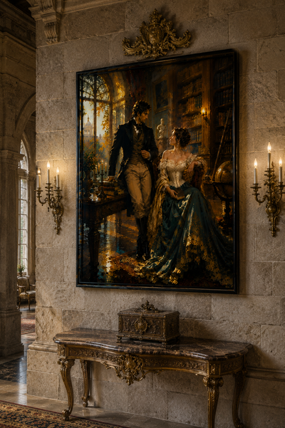 Lienzo de pareja victoriana en biblioteca en un comedor oscuro y elegante