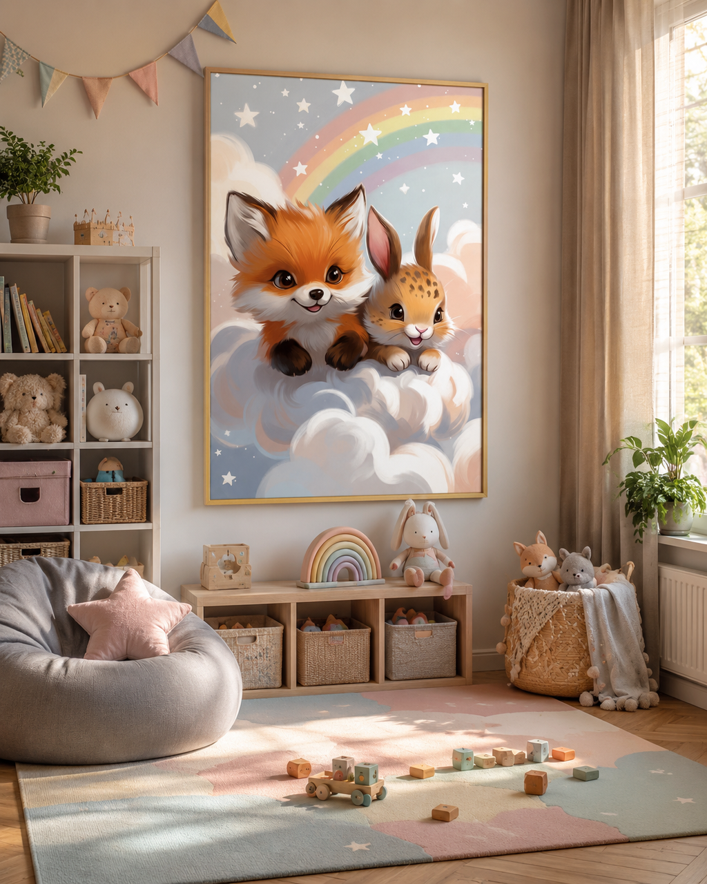Lienzo infantil de animales con arcoíris junto a banco de lectura