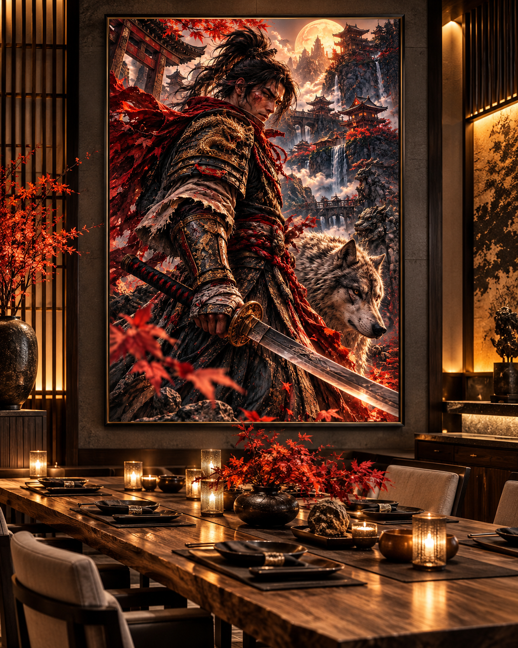 Lienzo Samurái y Lobo entre Arces Rojos, arte japonés impreso en algodón premium (vista 3 de 10)