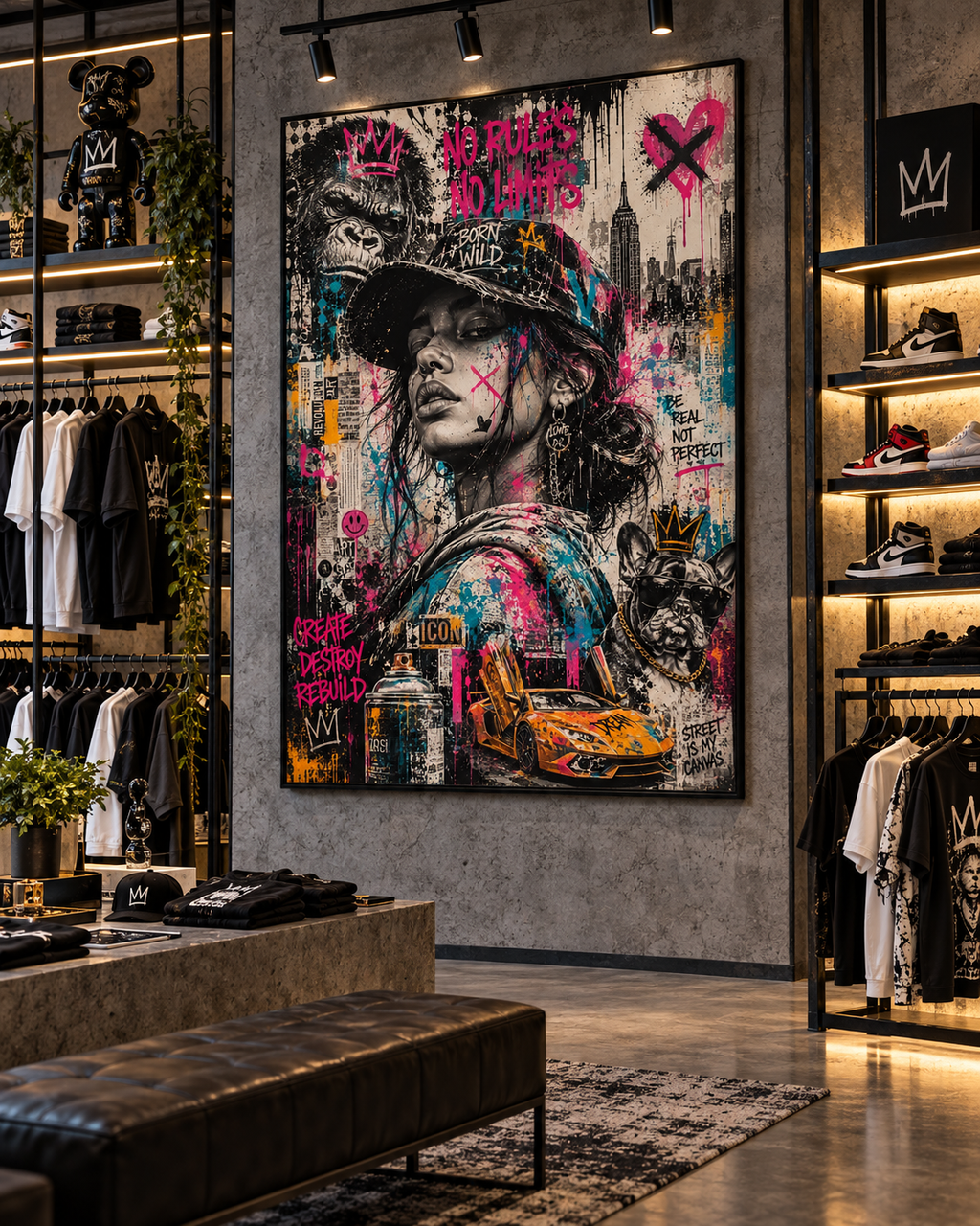 Lienzo de arte urbano street pop en una tienda de ropa urbana con colgadores, zapatillas y banco negro