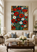 Lienzo floral inspirado en Klimt con flores y detalles dorados