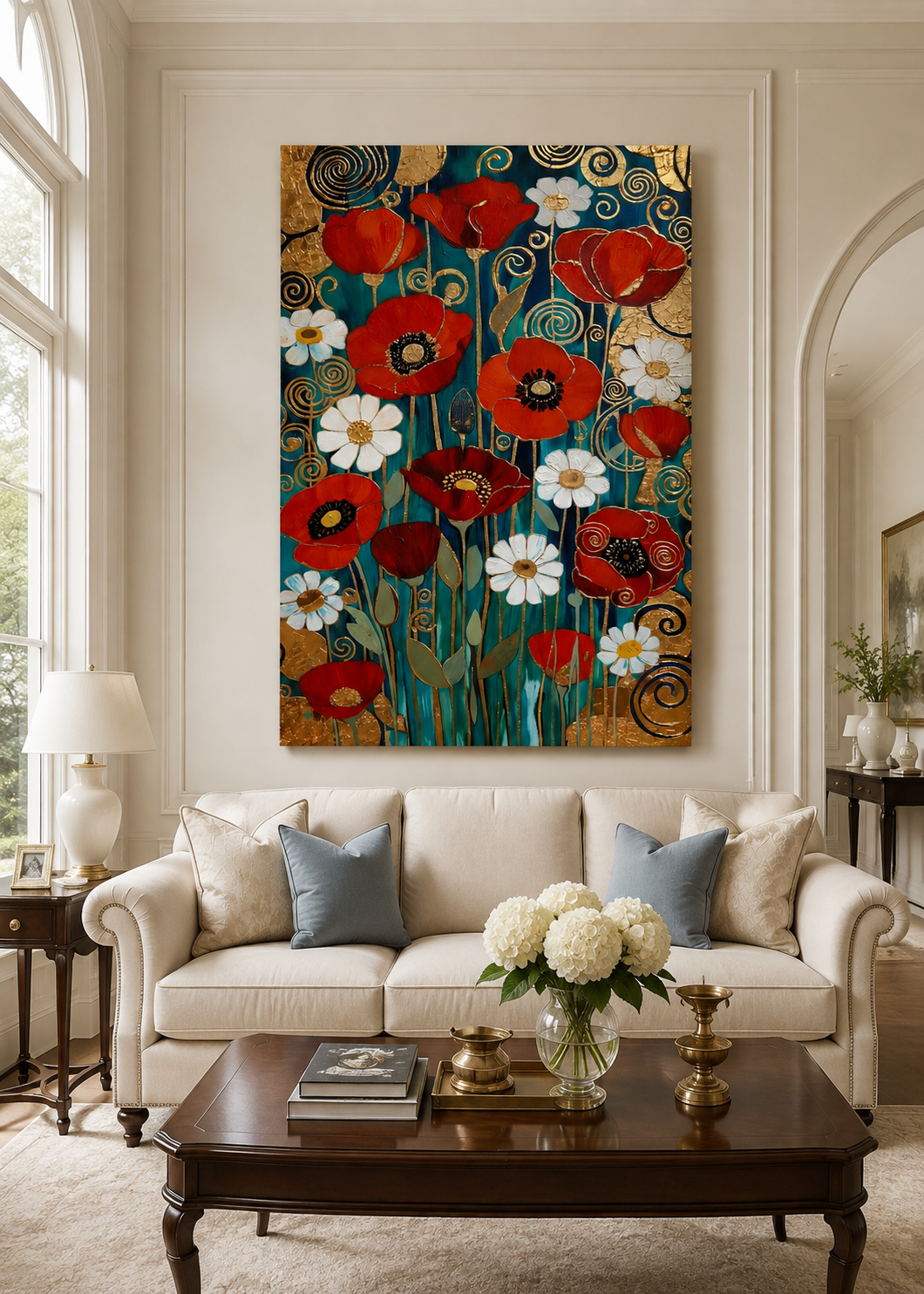 Lienzo floral inspirado en Klimt con flores y detalles dorados