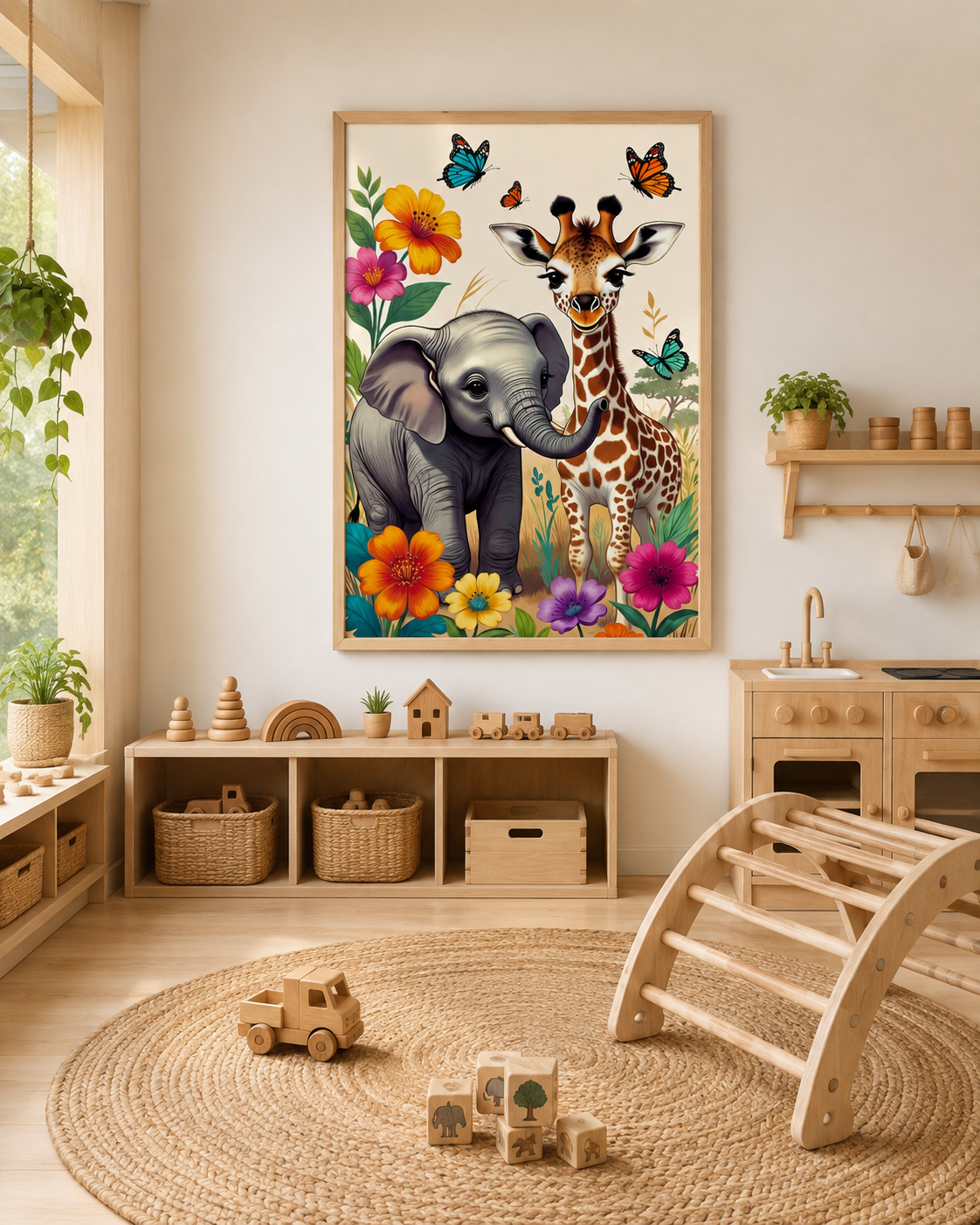 Lienzo infantil impreso de safari en habitación con escritorio