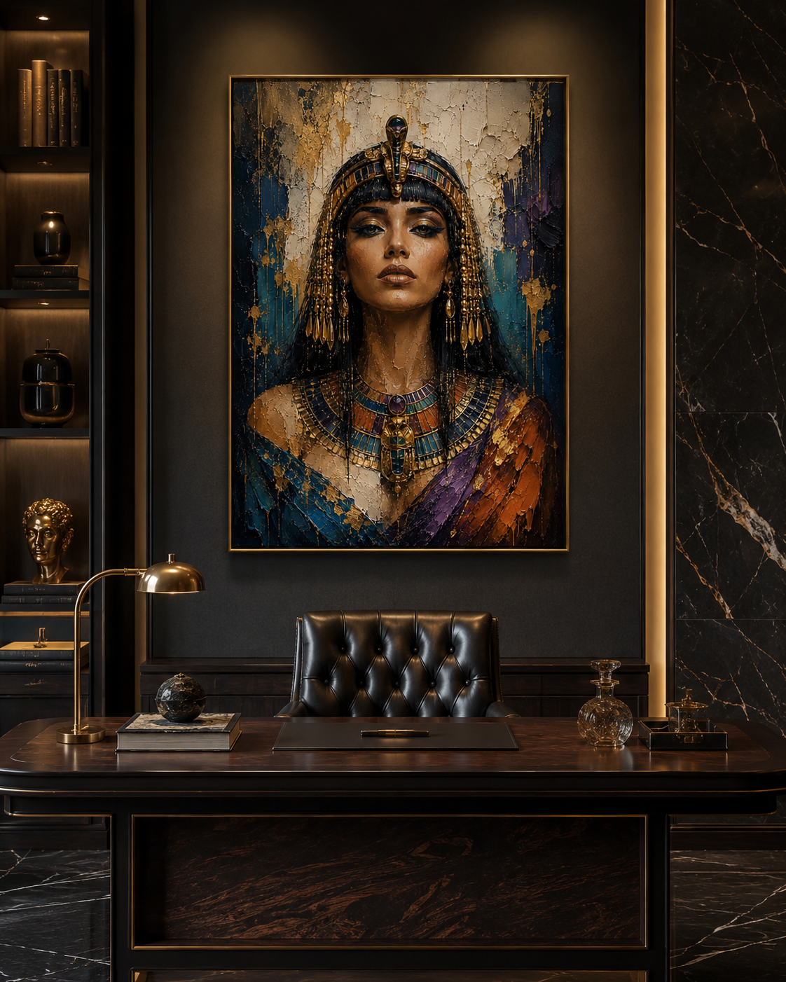 Lienzo impreso de Cleopatra en salón luminoso con sofá beige