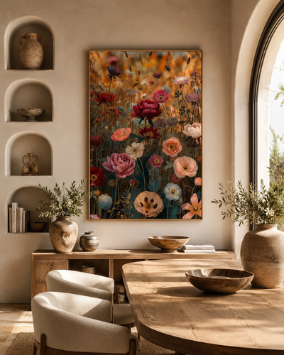 Campo de amapolas y peonías al atardecer | lienzo floral
