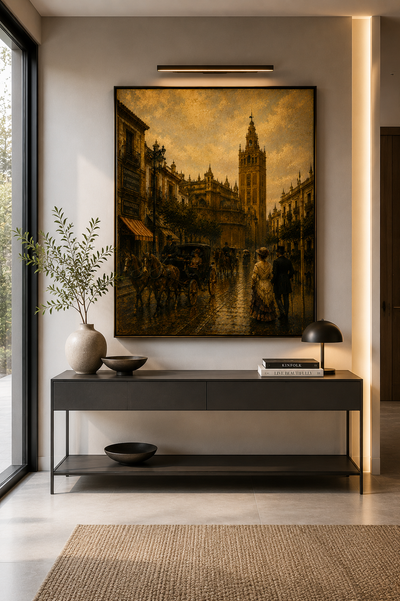Lienzo vintage de la Giralda de Sevilla en tonos dorados