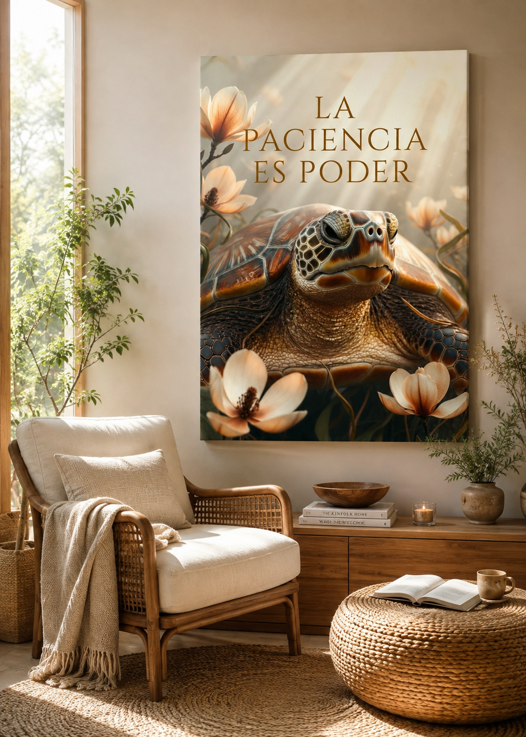 Arte de pared sereno de tortuga entre magnolias