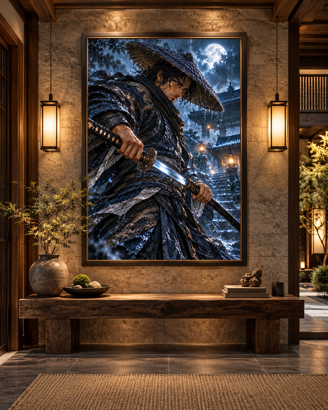Lienzo Ronin bajo la Lluvia, samurái con katana impreso en algodón premium (vista 3 de 11)