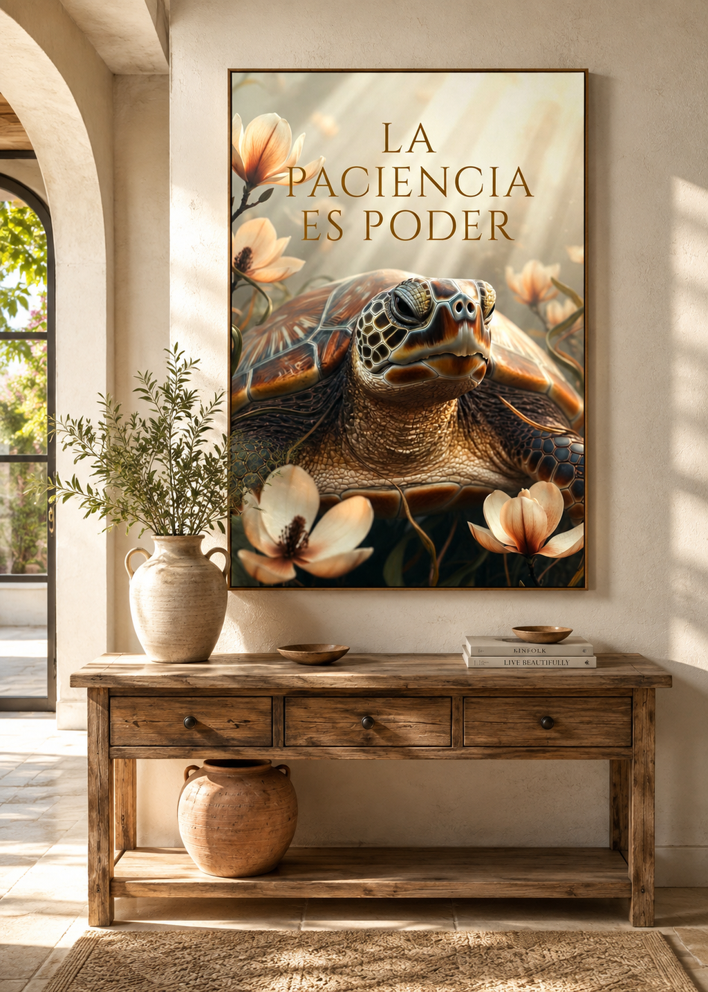 Lienzo de tortuga ancestral con detalles botánicos