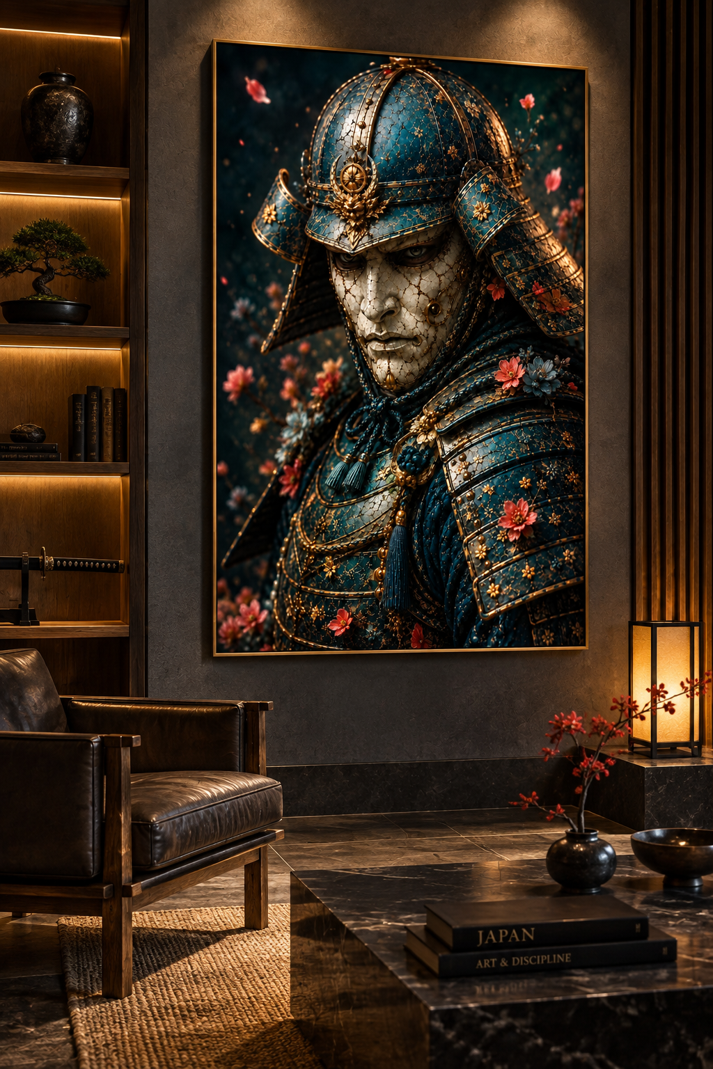 Blue and Gold Samurai with Cherry Blossoms | Japanese Canvas