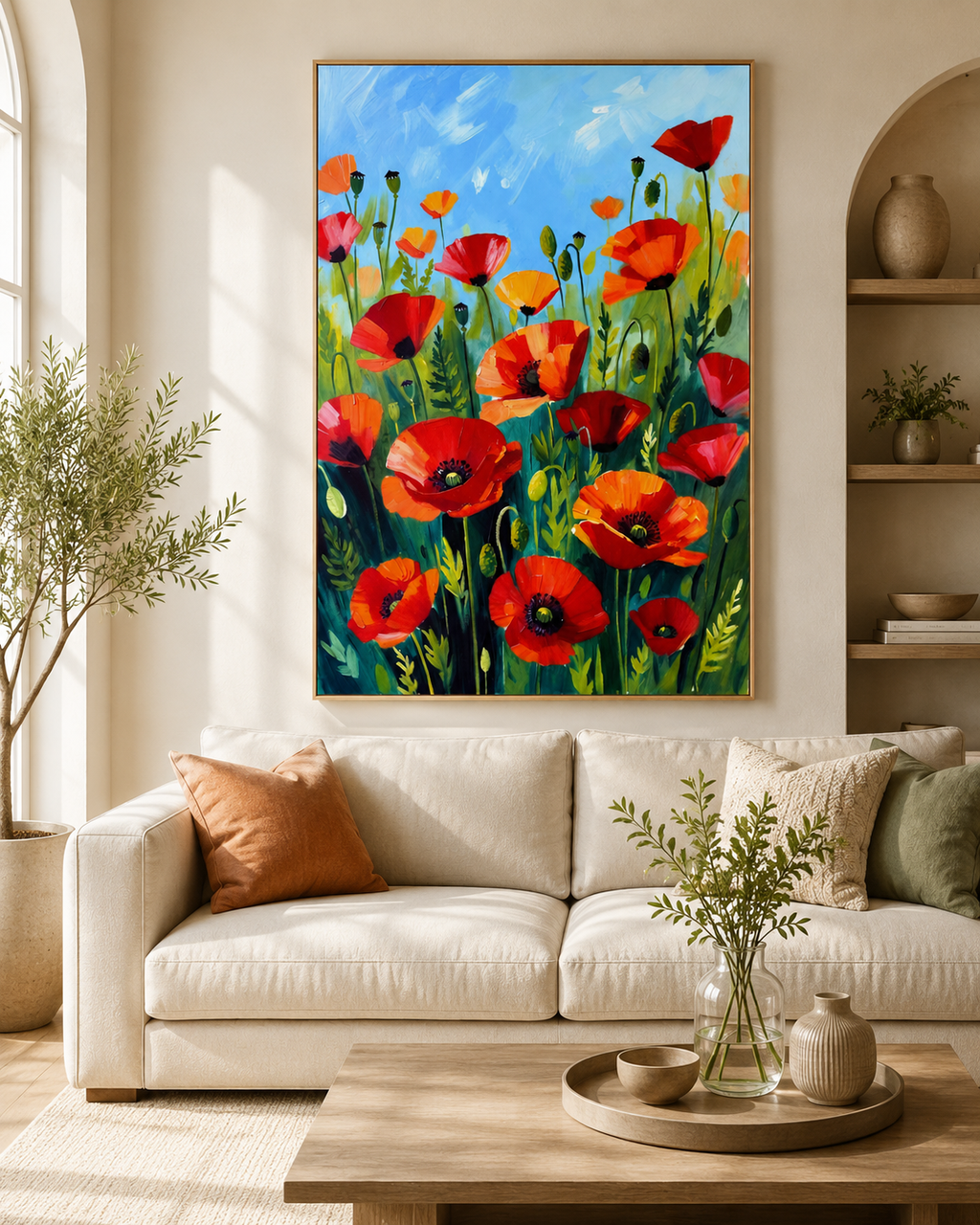 Arte de pared floral con amapolas rojas y composición dinámica