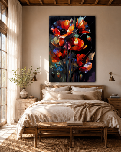 Arte de pared floral con amapolas de colores intensos