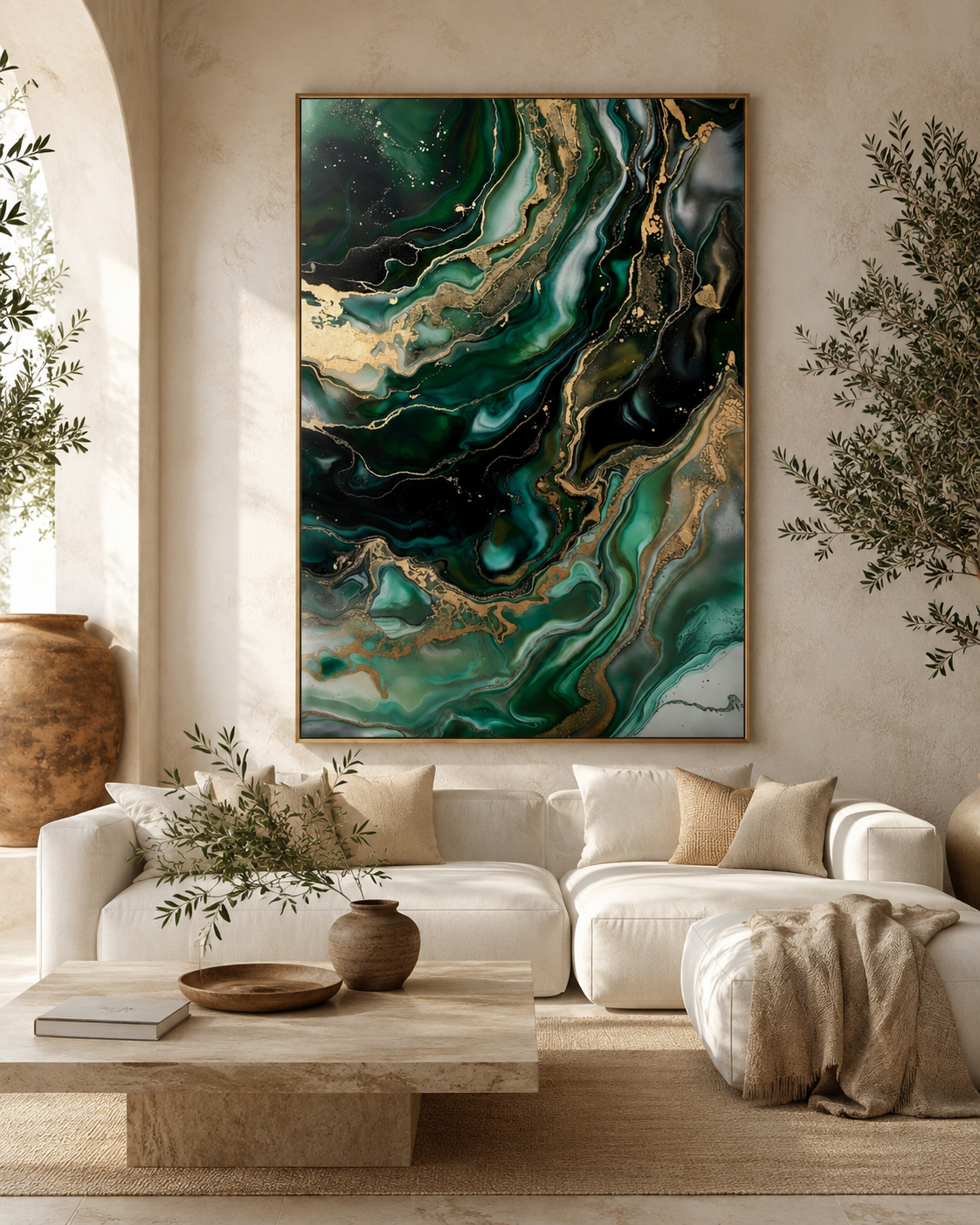 Lienzo abstracto verde y dorado | arte de pared moderno