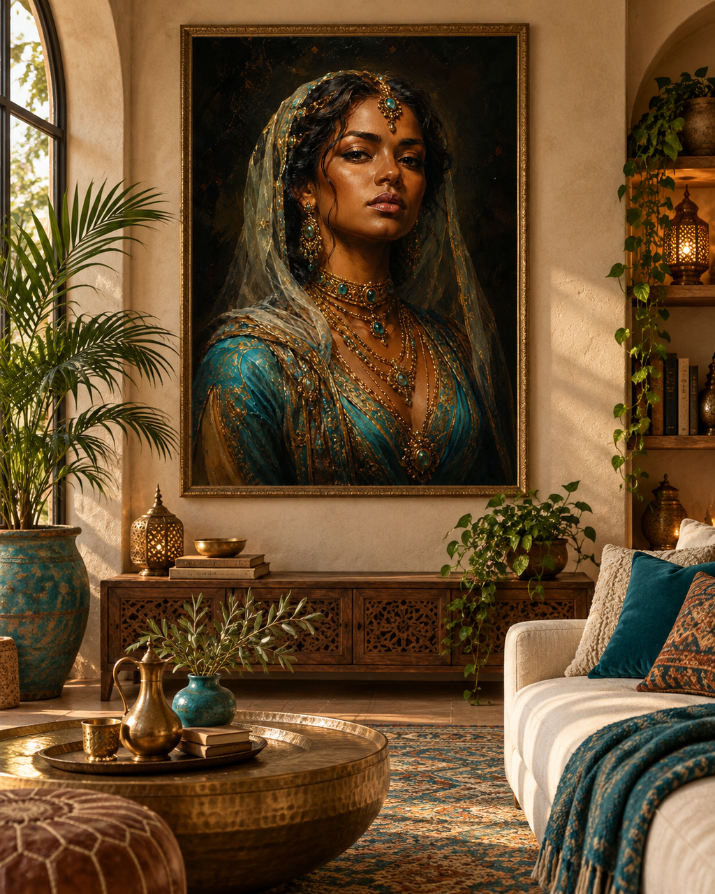 Lienzo de mujer con joyas doradas y velo turquesa en un salón mediterráneo luminoso con palmera, mesa de latón y cojines turquesa