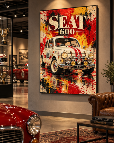Lienzo del SEAT 600 retro expuesto en un garaje de coches clásicos con deportivo rojo y sillón de cuero