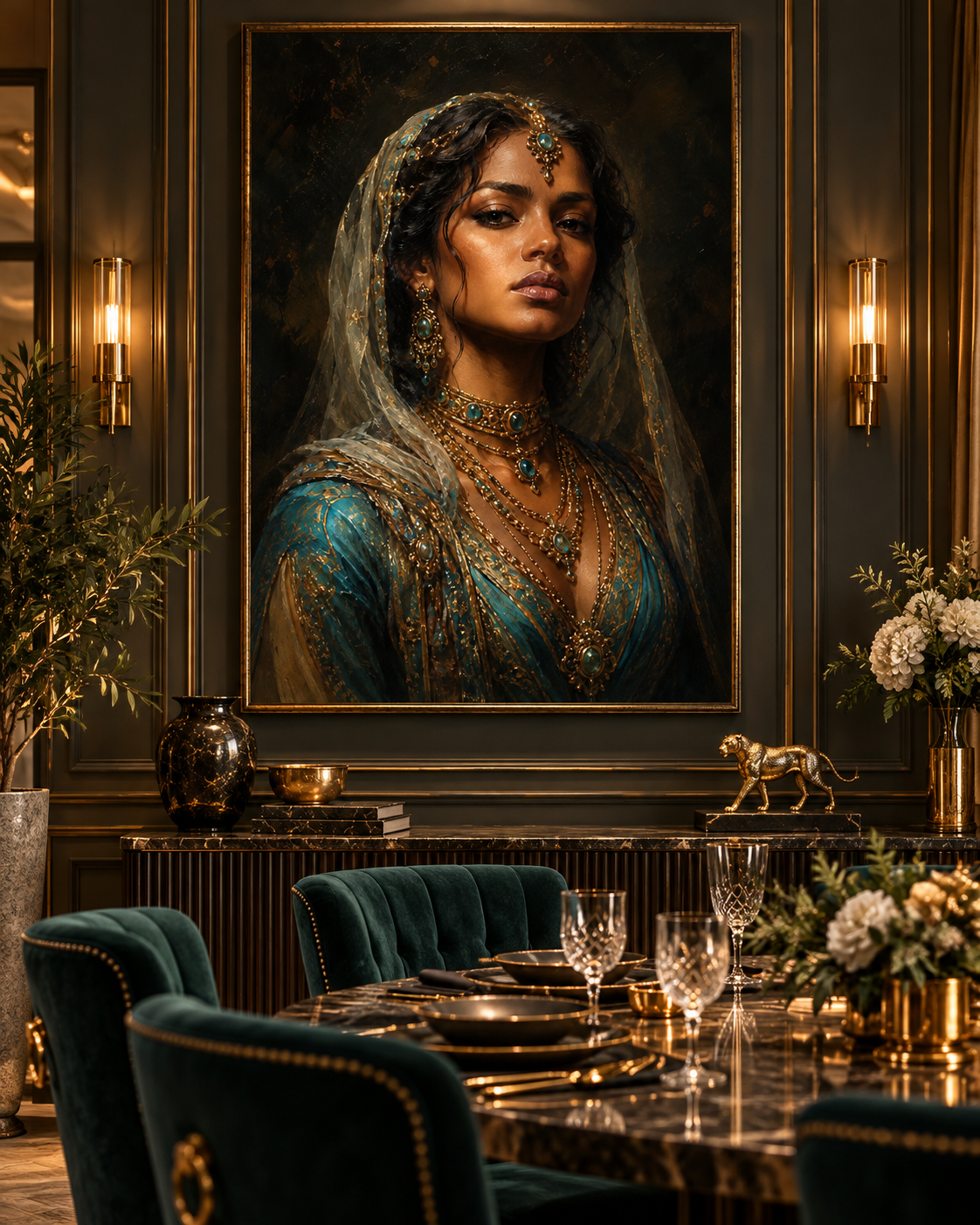Cuadro de retrato étnico en turquesa y oro en un comedor elegante con sillas de terciopelo verde, copas de cristal y apliques dorados