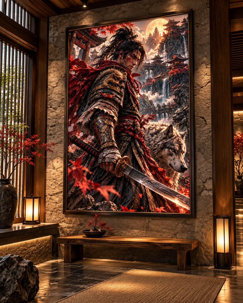 Lienzo Samurái y Lobo entre Arces Rojos, arte japonés impreso en algodón premium (vista 2 de 10)