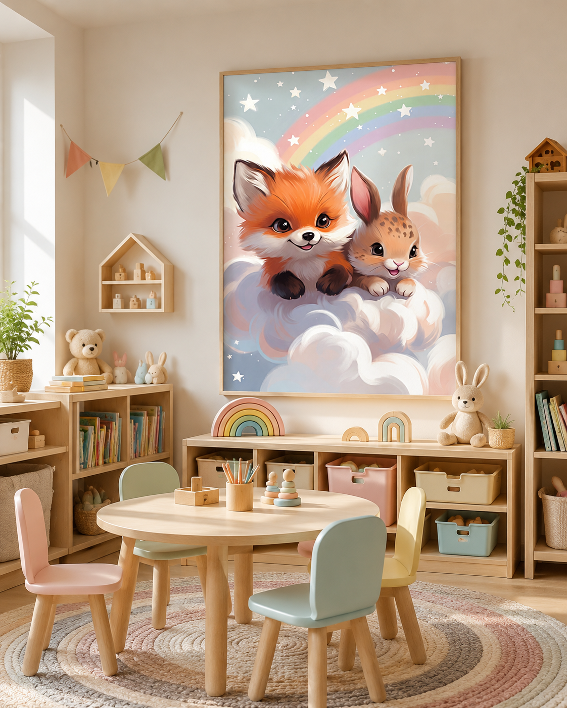 Lienzo infantil de zorro y conejo en sala de juegos con alfombra pastel