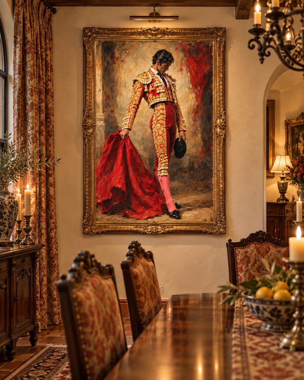 Lienzo El Torero en rojo y oro en un comedor clásico con lámpara de araña, sillas tapizadas y mesa de madera