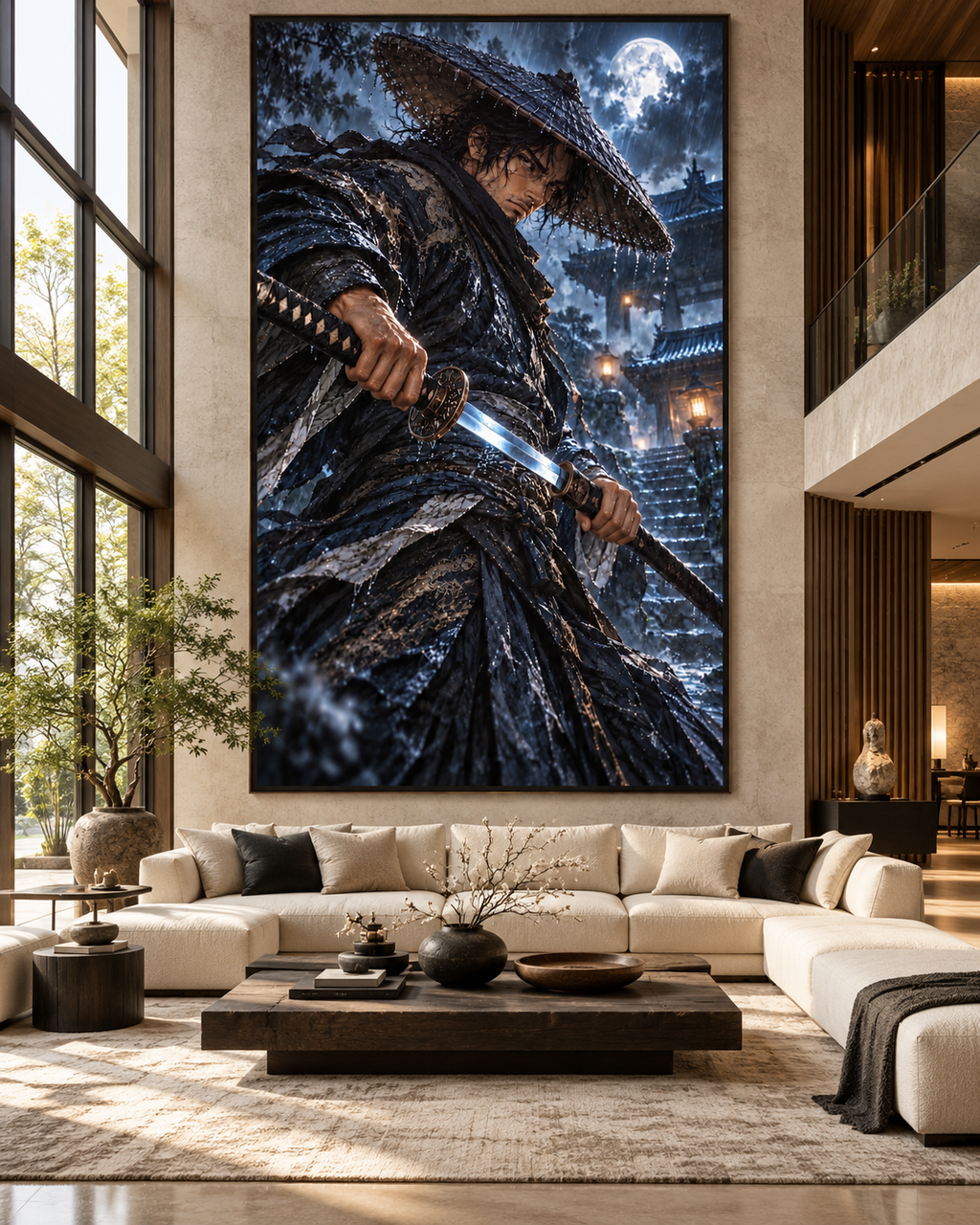 Lienzo Ronin bajo la Lluvia, samurái con katana impreso en algodón premium (vista 1 de 11)