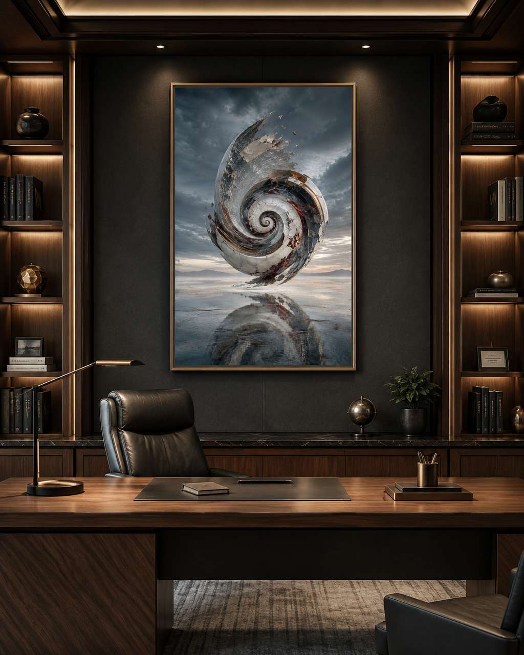 Lienzo abstracto de espiral en despacho con escritorio de mármol negro y dorado