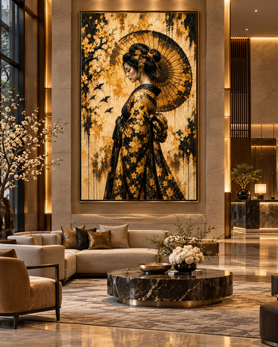 Lienzo de geisha con sombrilla en dorado y negro, mostrado con marco en un salón de lujo con sofá crema y mesa de mármol