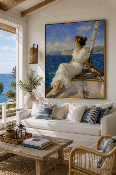 Lienzo impresionista de velero en un entorno tipo galería