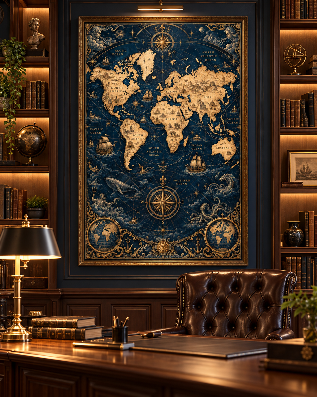Cuadro de mapa mundi náutico en un despacho de madera con escritorio, sillón capitoné y lámpara de latón