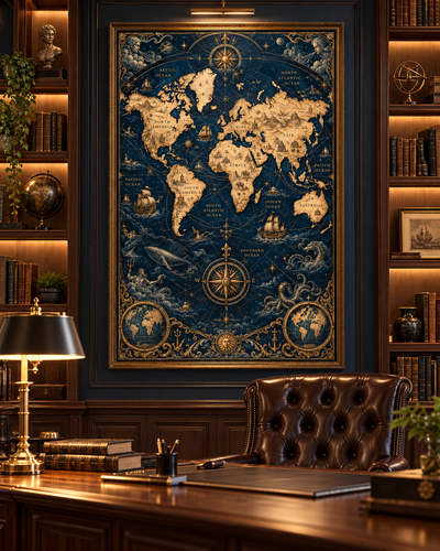 Cuadro de mapa mundi náutico en un despacho de madera con escritorio, sillón capitoné y lámpara de latón