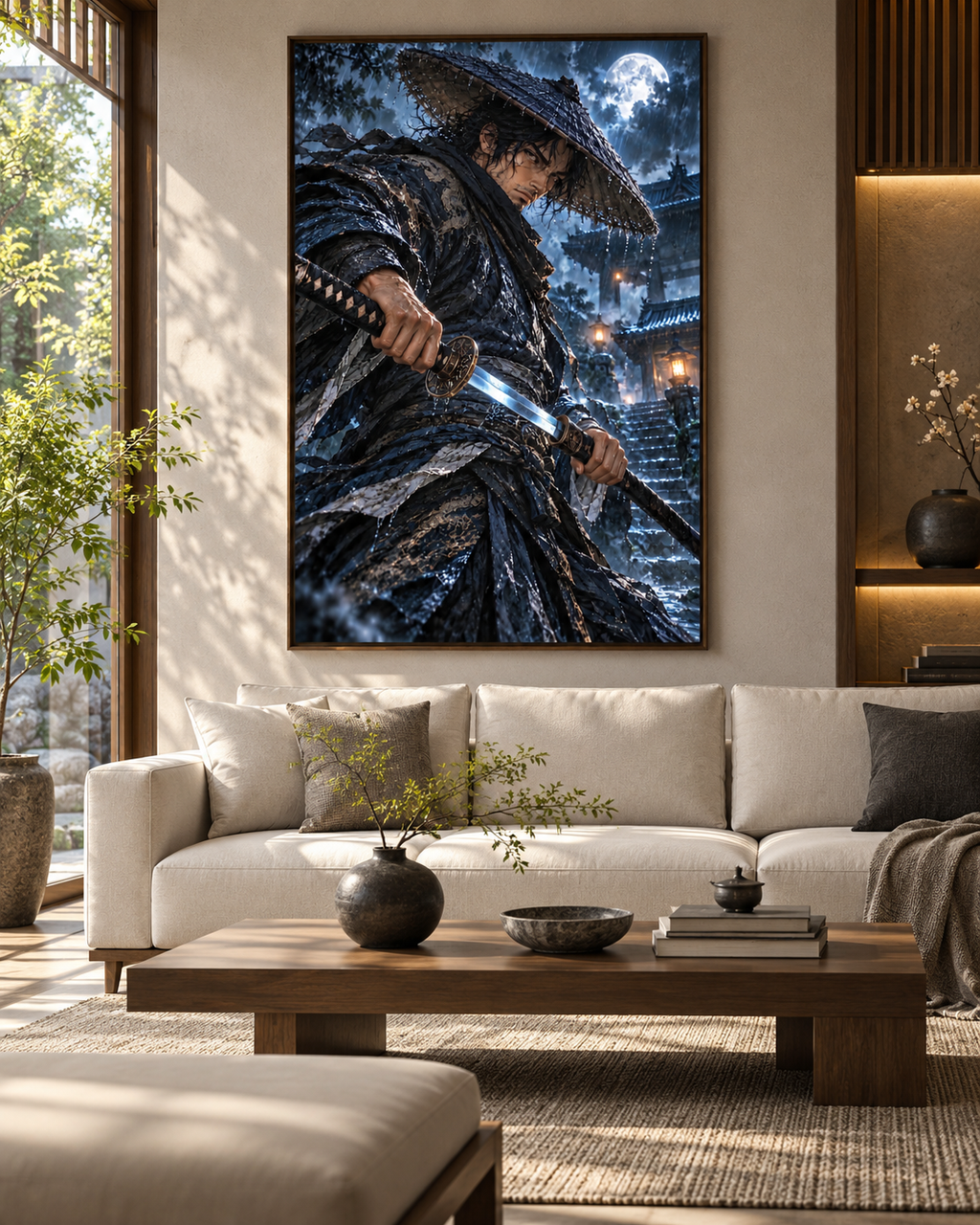 Lienzo Ronin bajo la Lluvia, samurái con katana impreso en algodón premium (vista 11 de 11)