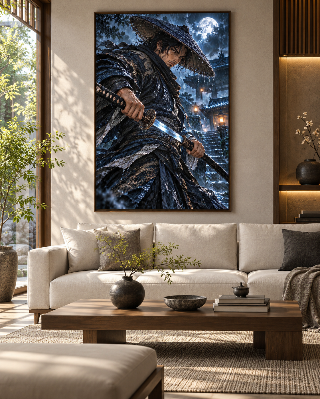 Lienzo Ronin bajo la Lluvia, samurái con katana impreso en algodón premium (vista 11 de 11)