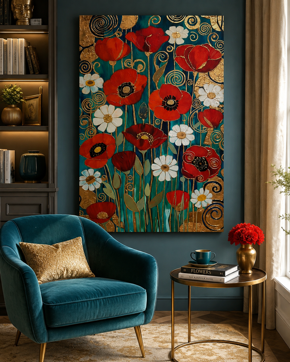 Lienzo de flores doradas con estética ornamental