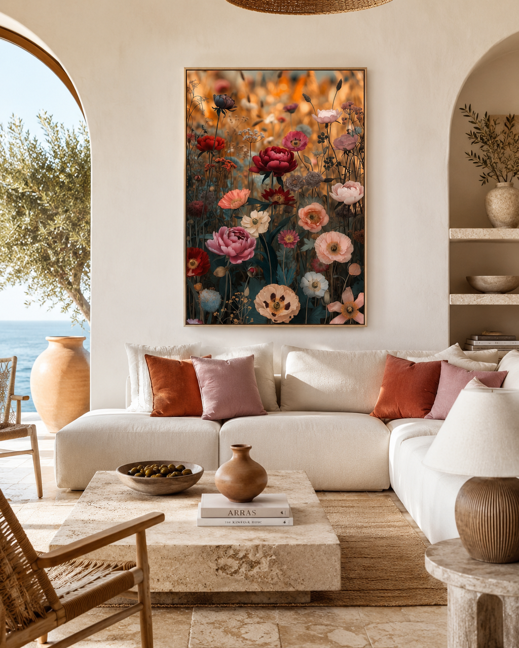 Amapolas y peonías en una escena floral cálida | lienzo