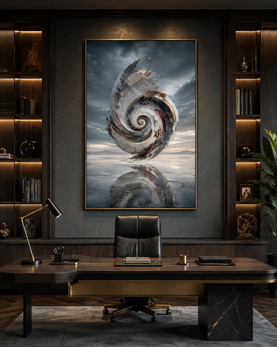 Lienzo abstracto surrealista en dormitorio con detalles dorados