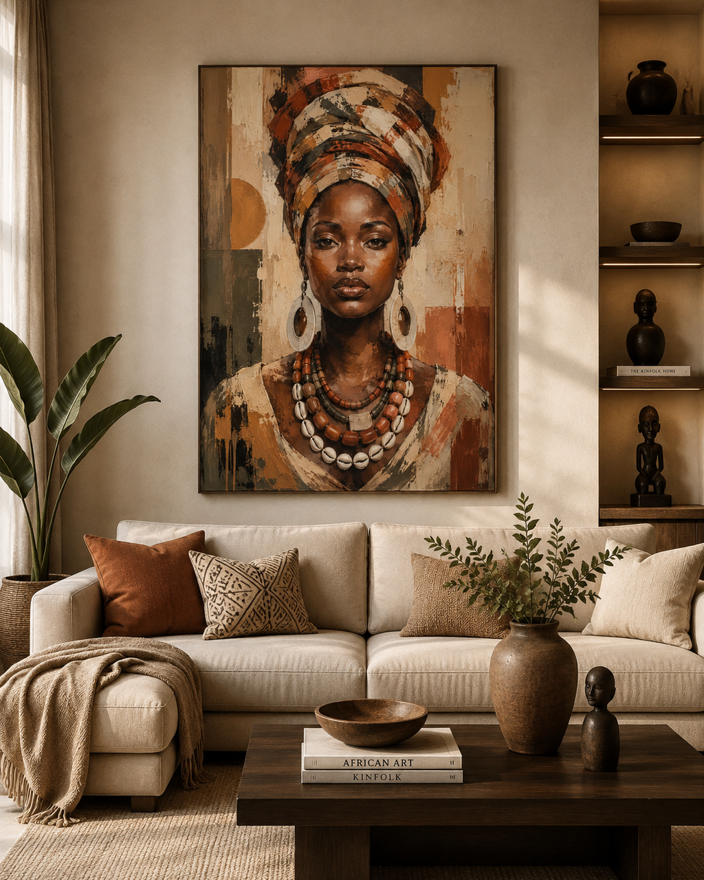 Retrato de Mujer Africana con Turbante y Collar de Cauris en Lienzo | Arte Étnico Contemporáneo
